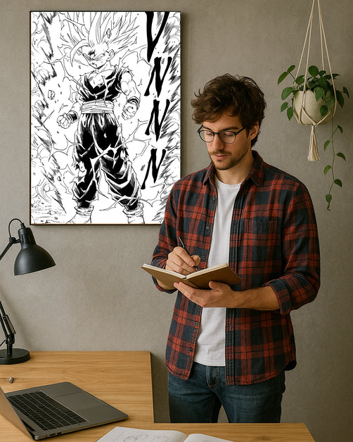 Un client devant sa toile Dragon Ball en noir et blanc de Gohan, au-dessus de son bureau