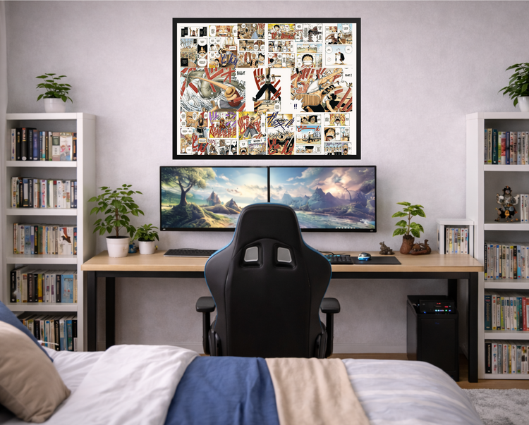 Toile One Piece accrochée au-dessus d'un bureau gaming, entre deux bibliothèques
