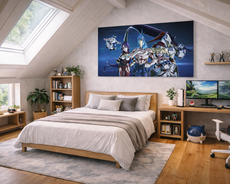 Grande toile Shangri-La Frontier accrochée au-dessus d'un lit dans une chambre mansardée