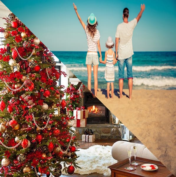 image montrant a moitié un sapin de noël et a moitié une famille en vacance afin d'expliquer la possibilité de personnaliser sa propre lithographie